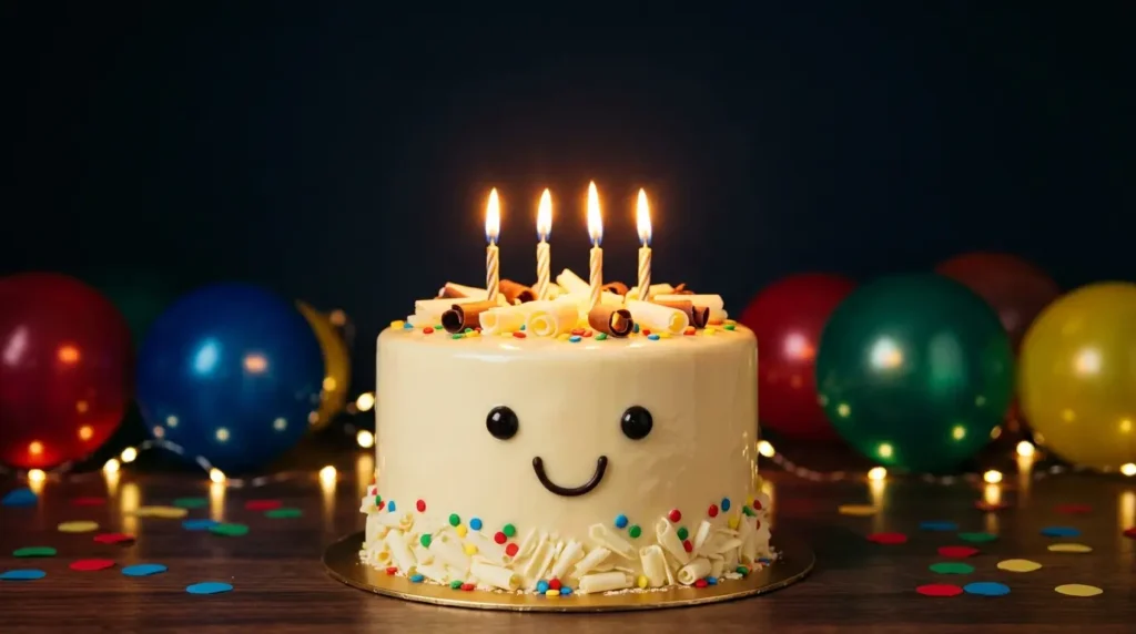 A smiling birthday cake with four lit candles, balloons and fairy lights